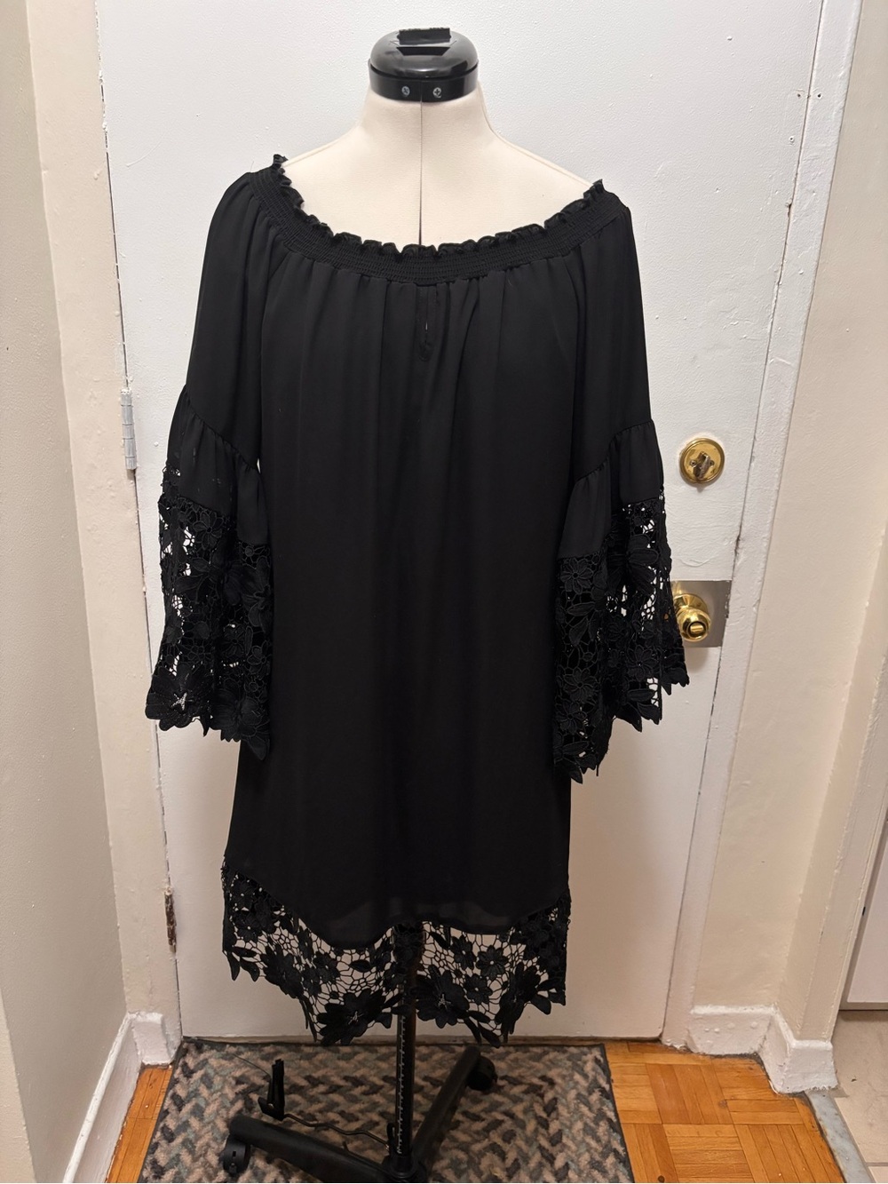 Joseph Ribkoff Black Off-Shoulder Dress with Lace Trim